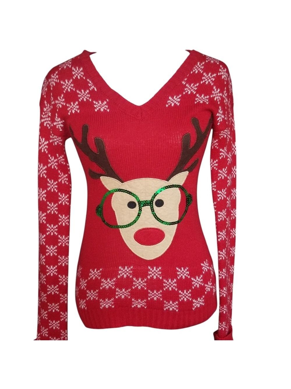 Festive Red Reindeer V-Neck Sweater